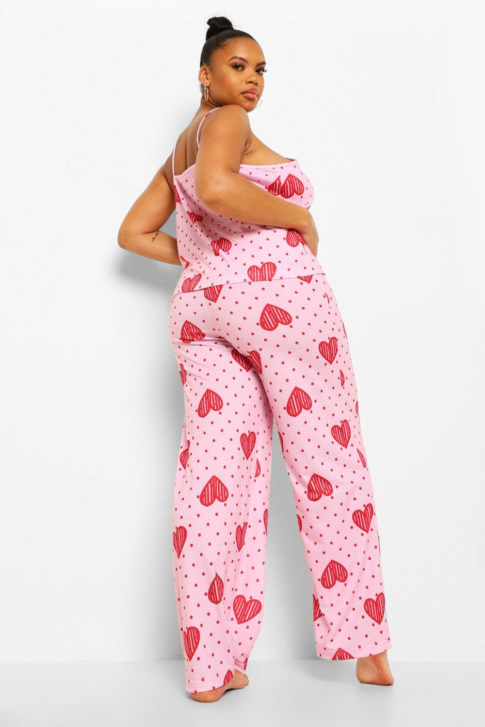 Plus Heart Print Lace Trim Cami Pj Set