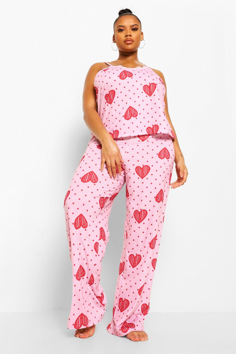 Plus Heart Print Lace Trim Cami Pj Set