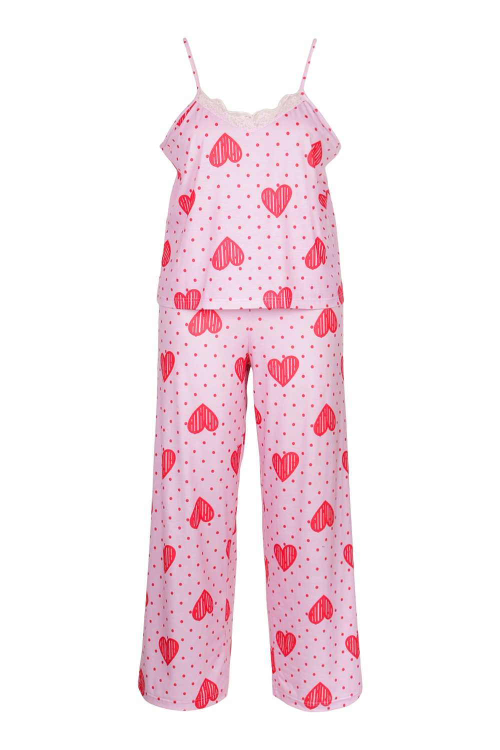 heart print lace trim camisole loungewear