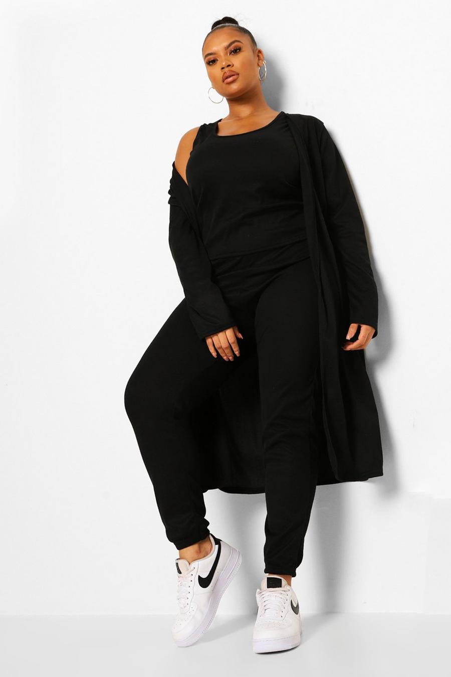 Black Plus Ribbed Joggers And Cardigan 3 Piece Co-ord image number 1