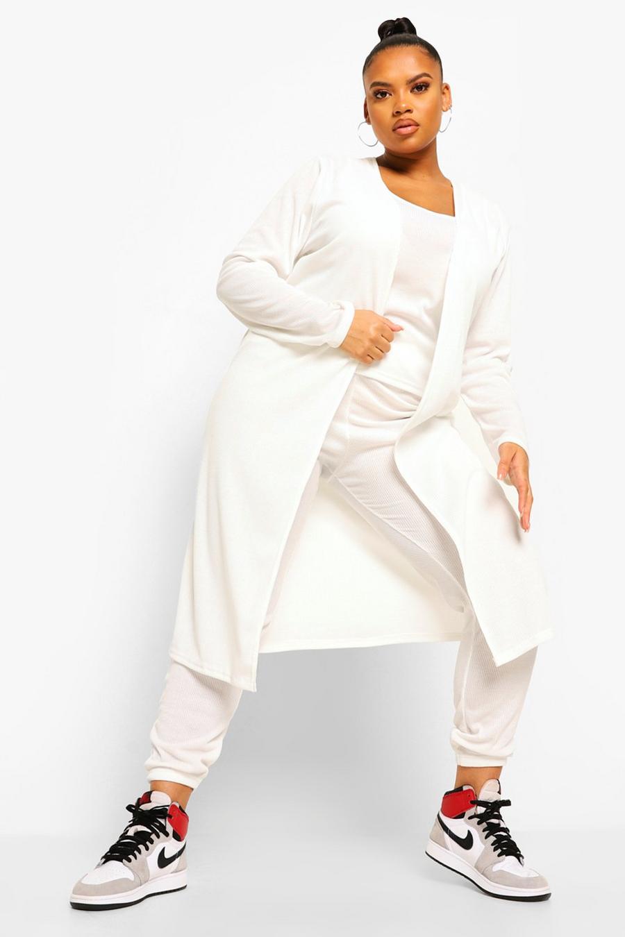 Ecru Plus Ribbed Joggers And Cardigan 3 Piece Co-ord image number 1