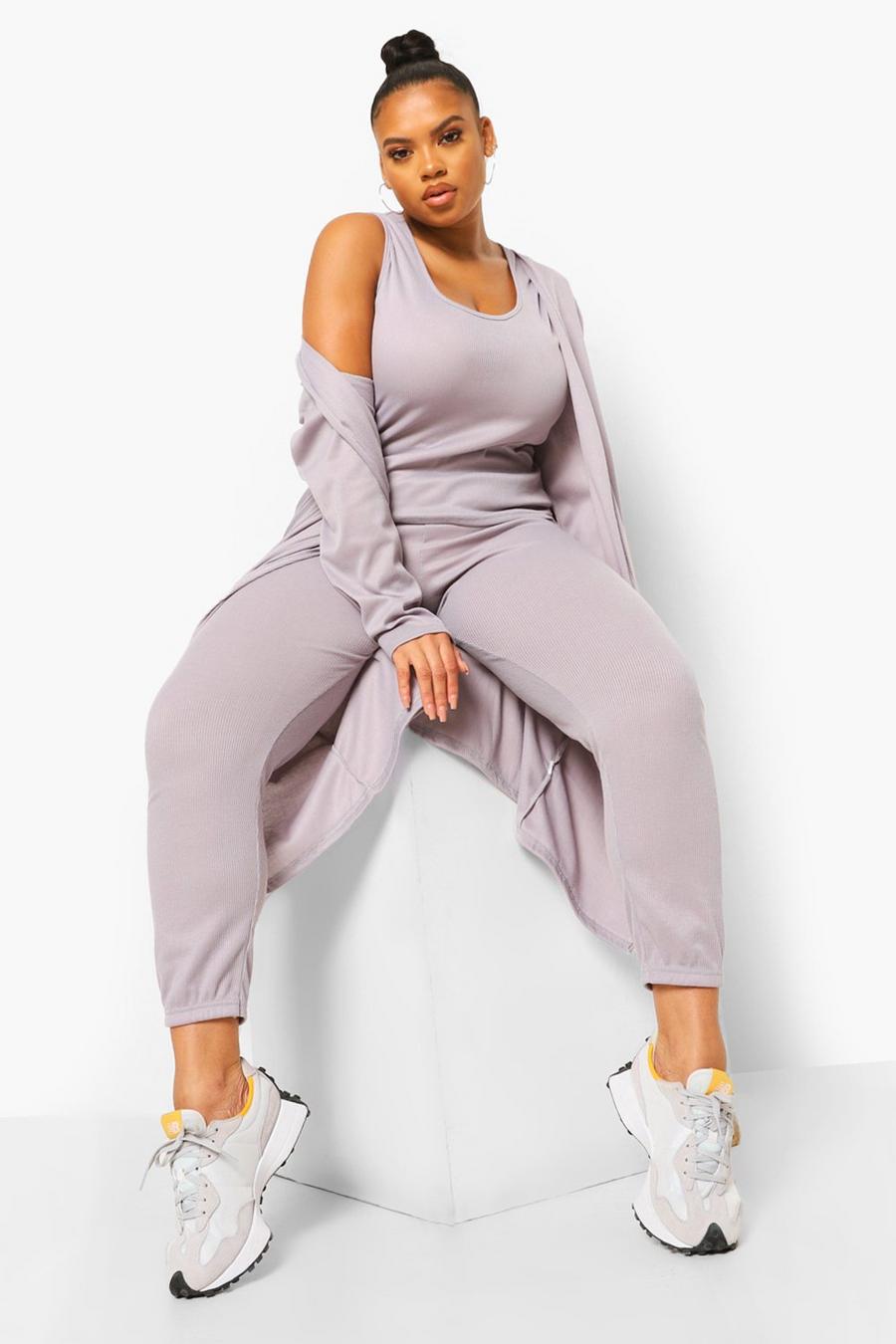 Grey gris Plus Ribbed Joggers And Cardigan 3 Piece Co-ord