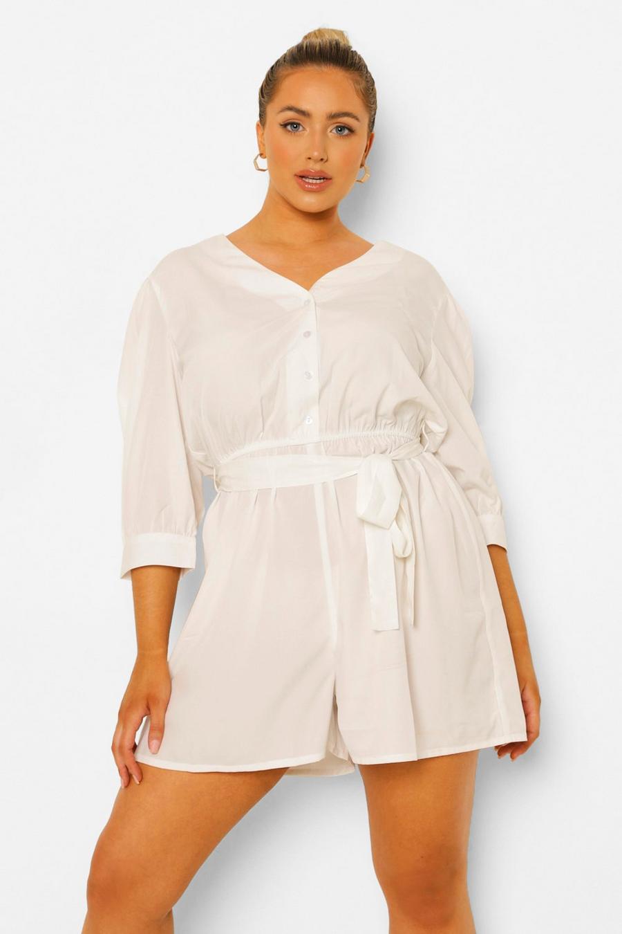 White Plus V Neck Button Front Belted Playsuit image number 1