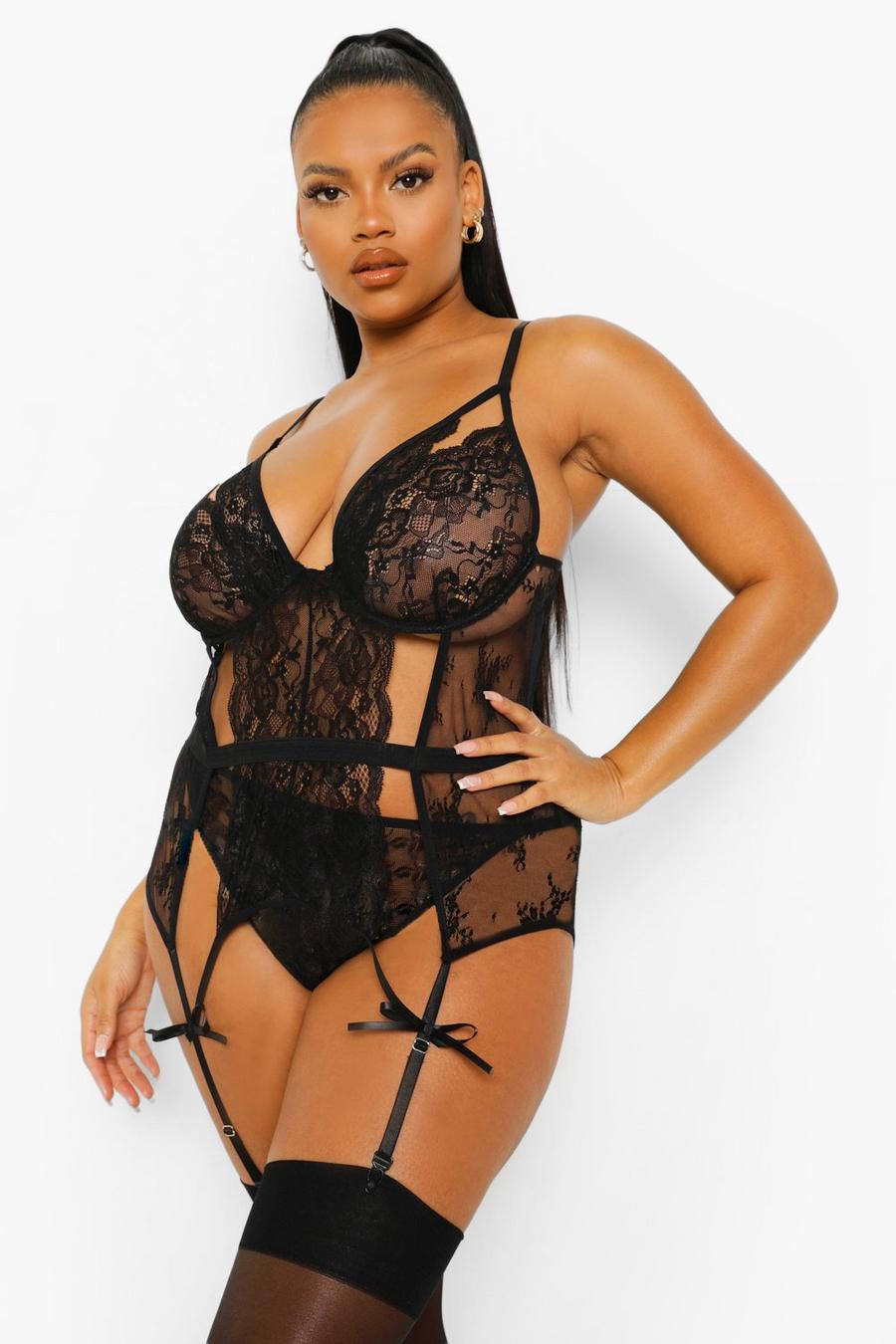 Black negro Plus Cut Out Basque and String Set image number 1