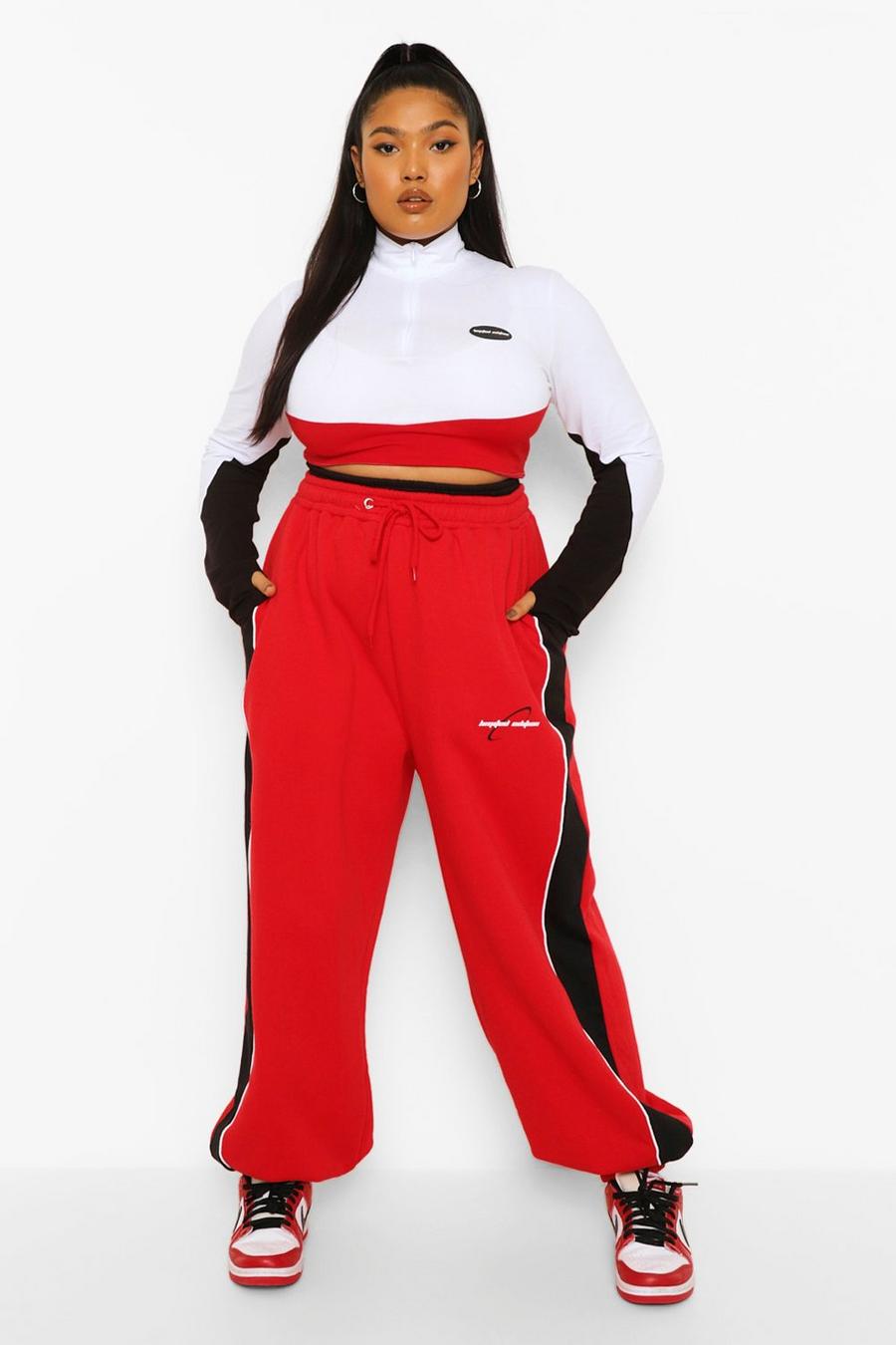 אדום מכנסי ריצה שחורים אוברסייז קולור בלוק למידות גדולות image number 1