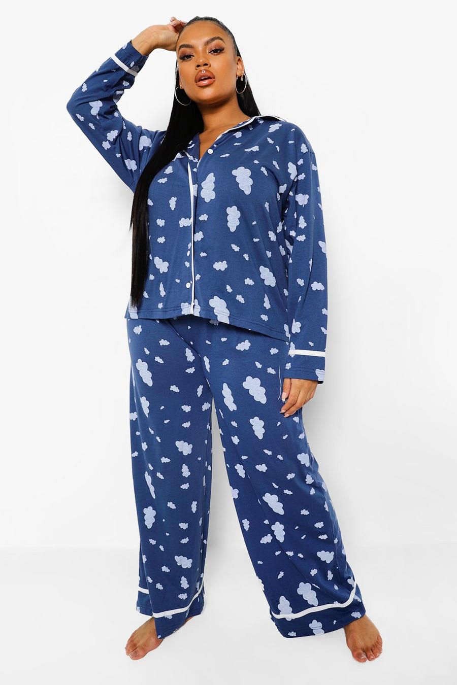 Blue Plus Cloud Print Pipe Detail Pajama Set image number 1