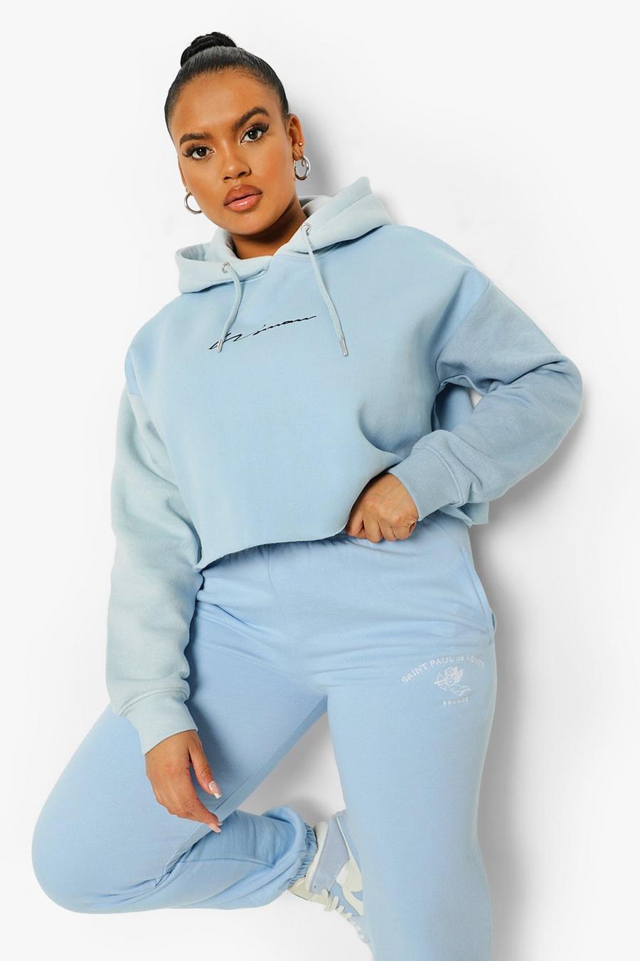 Blue Plus Colour Block Cropped Hoodie image number 1