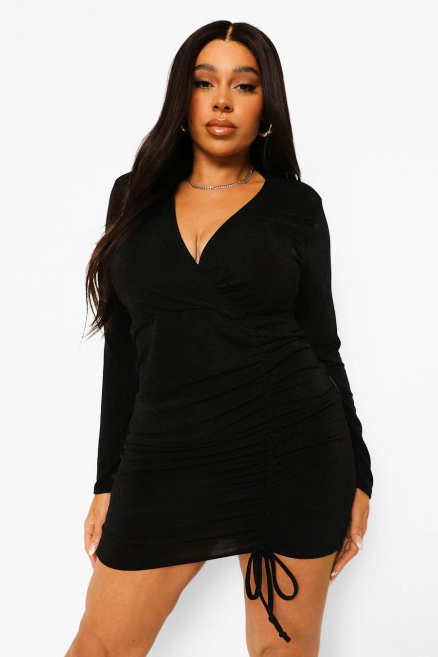 Black Plus Textured Slinky Ruched Wrap Dress image number 1