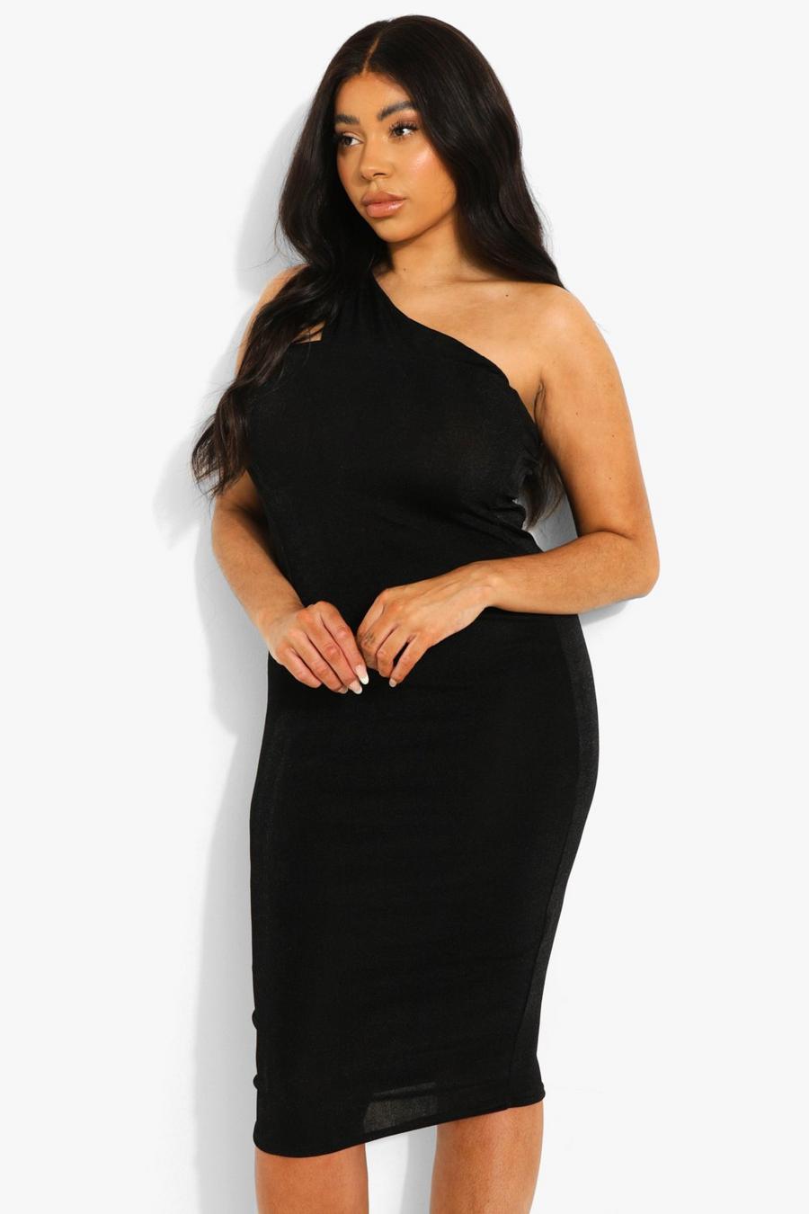 Black Plus Textured Slinky One Shoulder Midi Dress image number 1