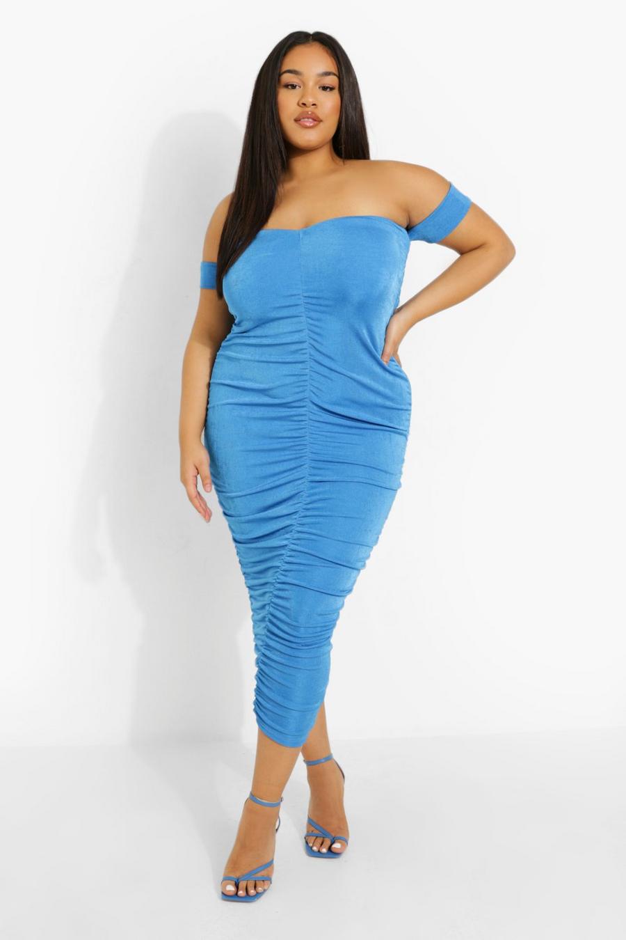 Blue Plus Slinky Off Shoulder Midaxi Dress