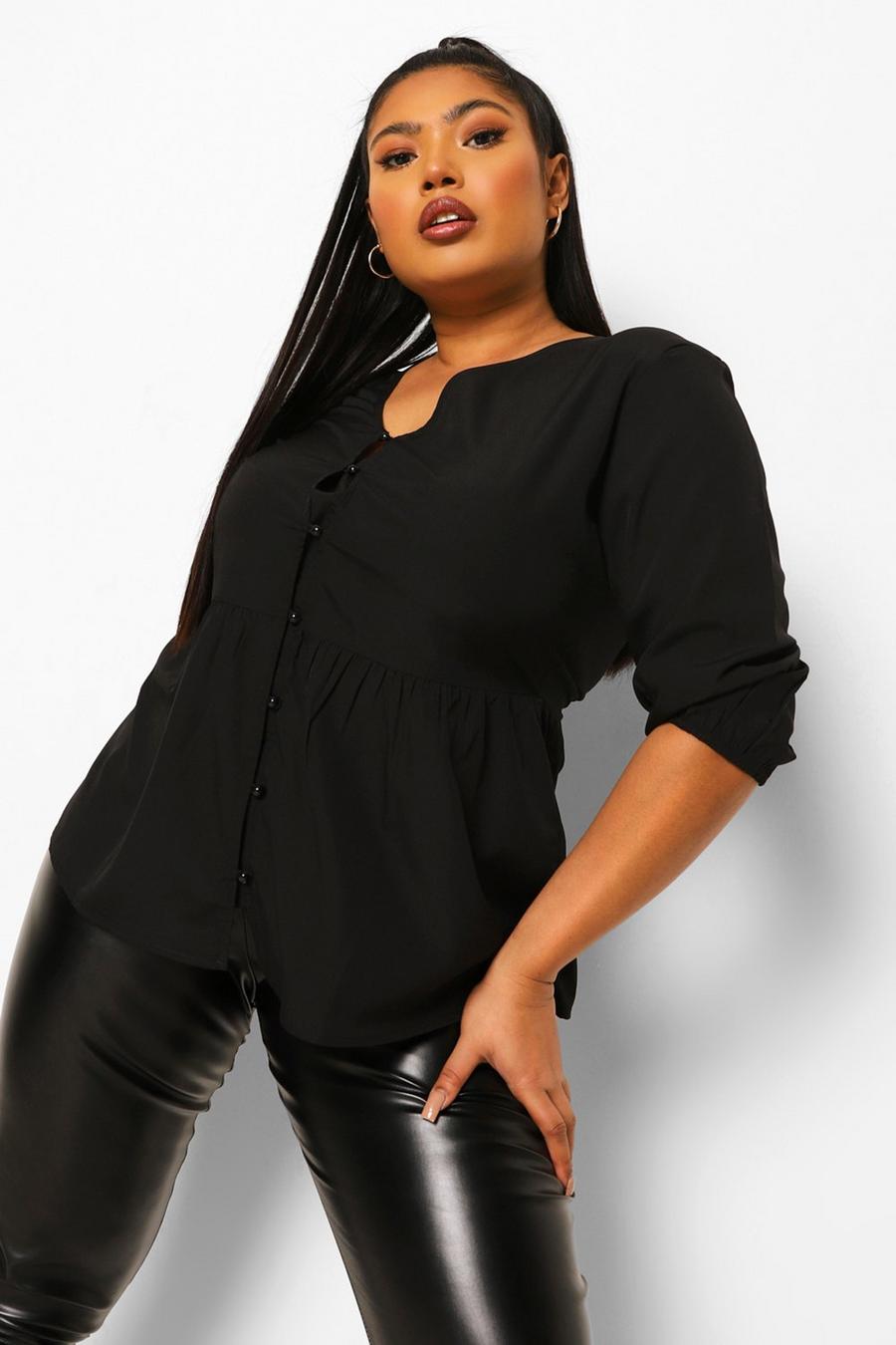 Black Plus Button Front Puff Sleeve Smock Top image number 1