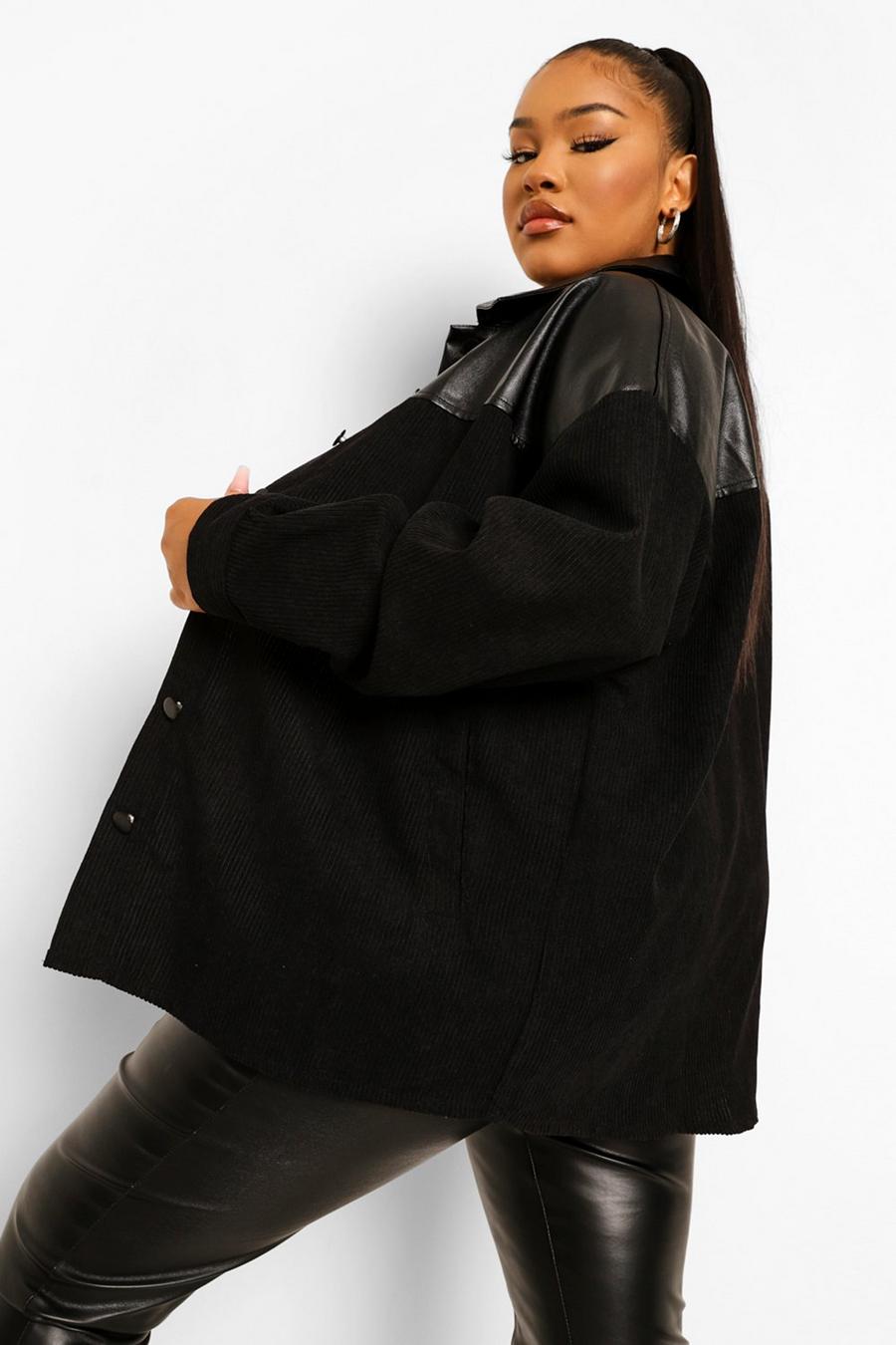 Camisa estilo chaqueta de pana con panel efecto cuero Plus, Negro image number 1