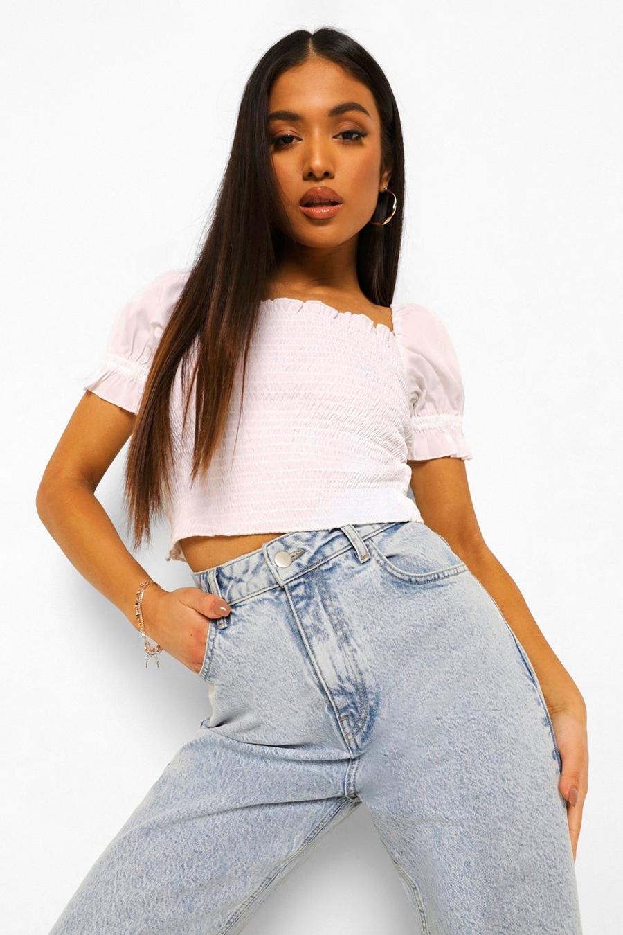 White Petite Shirred Puff Sleeve Crop Top image number 1
