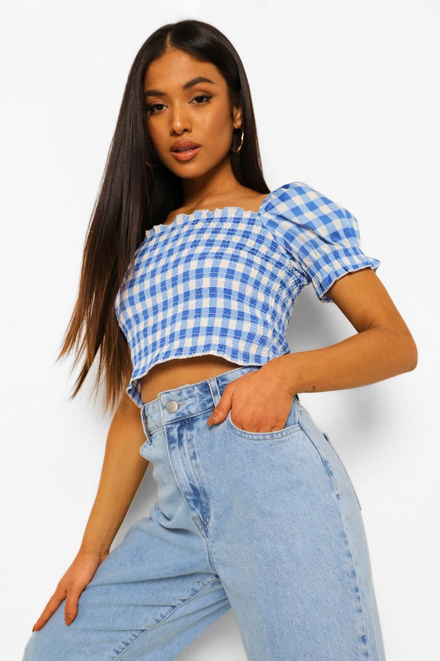 Blue Petite Gingham Shirred Puff Sleeve Crop Top image number 1