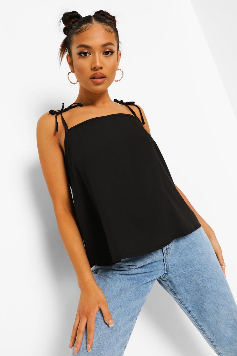 Black Petite Square Neck Woven Cami Top image number 1