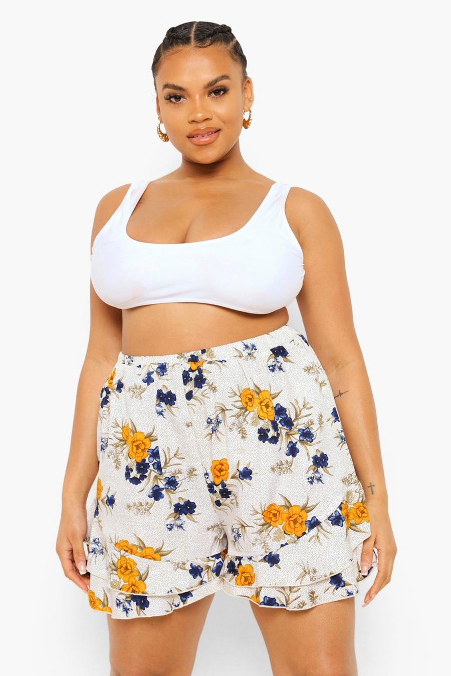 White Plus Spot Floral Flowy Shorts image number 1