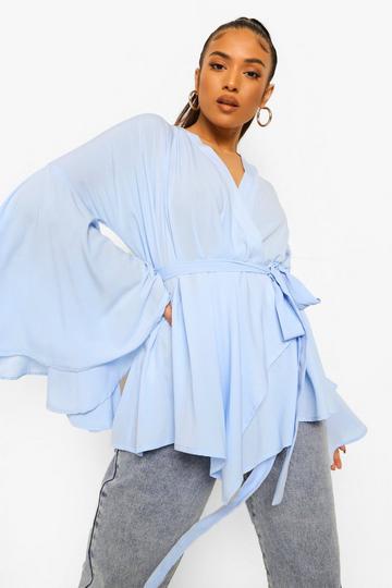 Petite Wrap Front Flare Sleeve Blouse cornflower