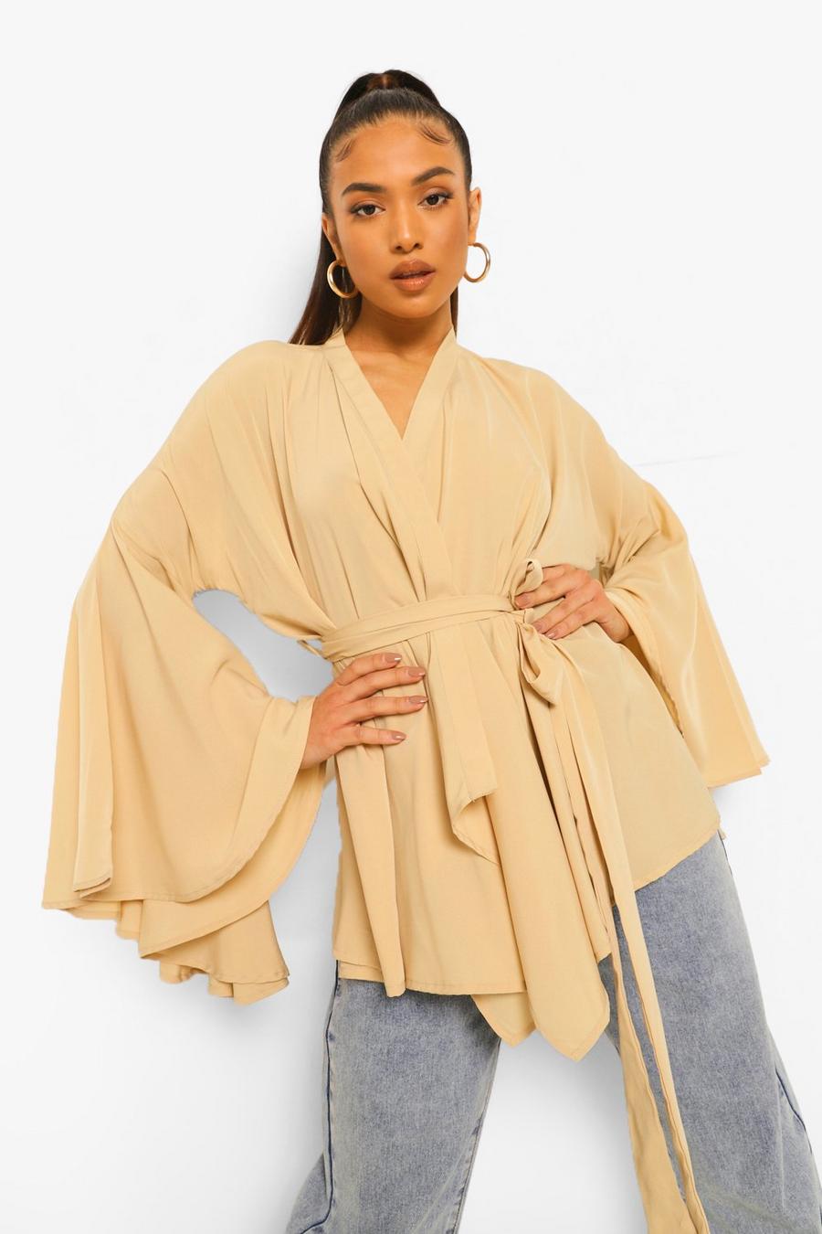 Sand Petite Wrap Front Flare Sleeve Blouse image number 1