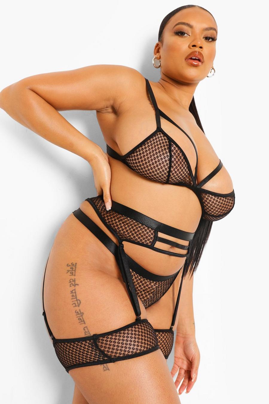 Black Plus 3 Piece Strapping Lingerie Set image number 1