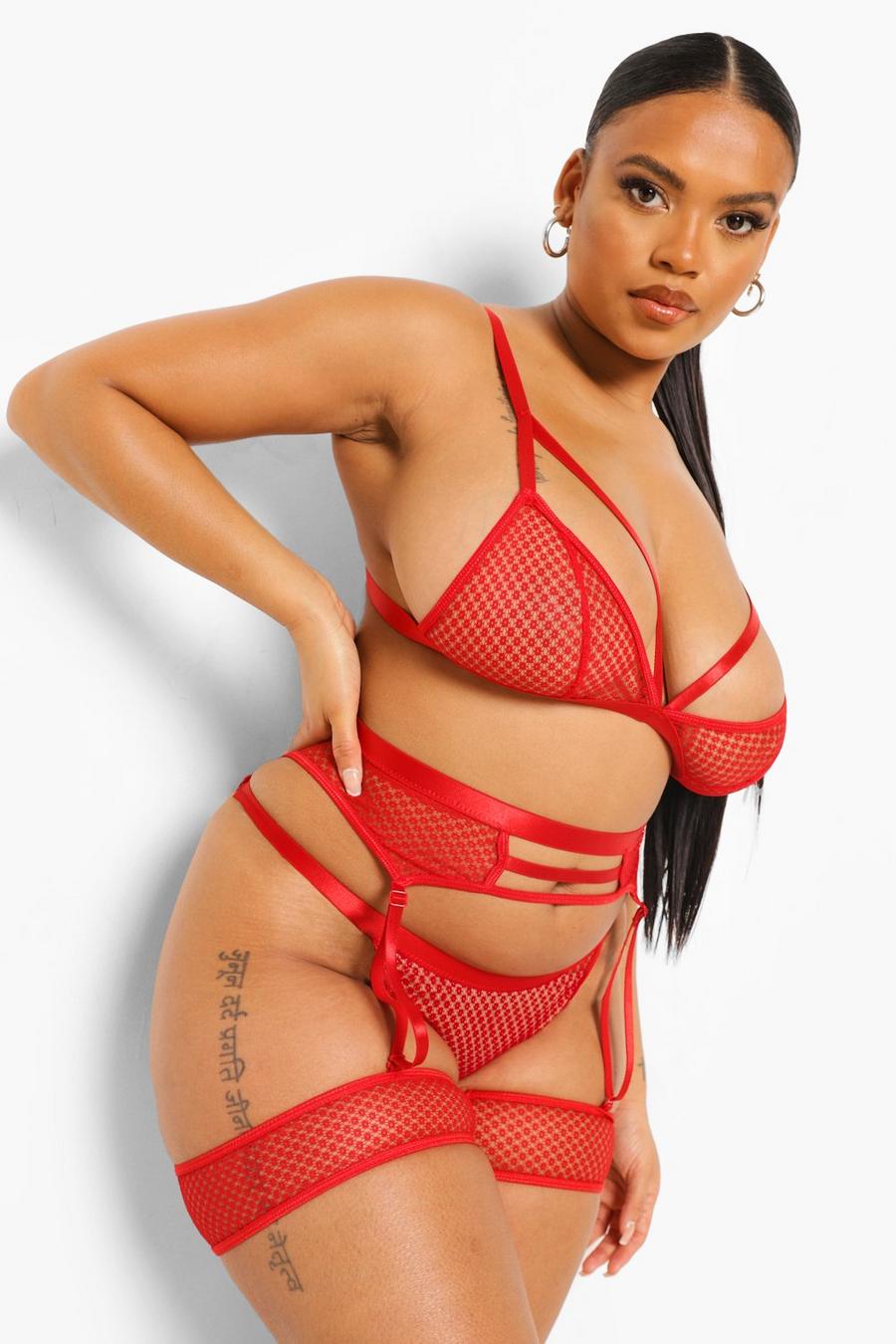 Red Plus 3 Piece Strapping Lingerie Set image number 1