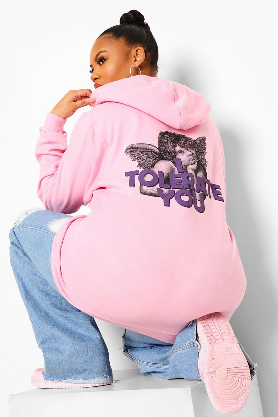 Sudadera con capucha y estampado de eslogan “I Tolerate You” en la espalda Plus, Baby pink image number 1
