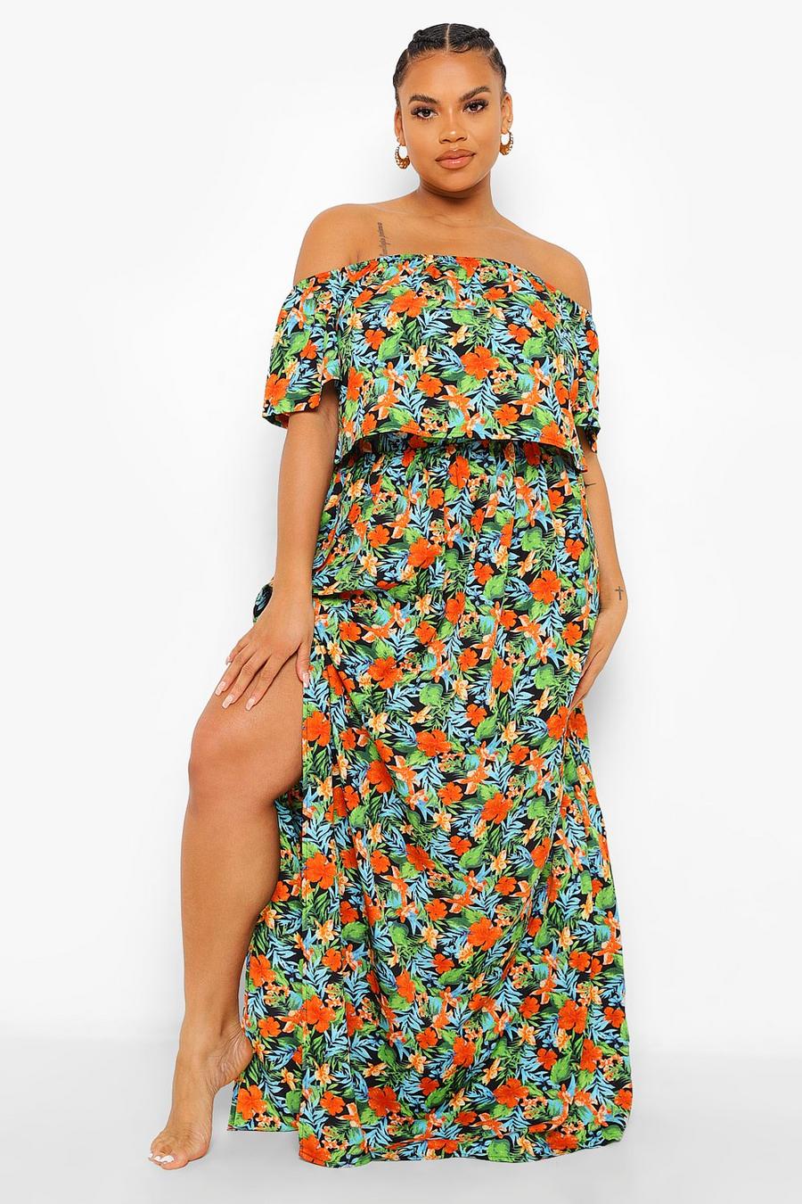 Black Plus Tropical Bardot And Skirt Co-ord image number 1