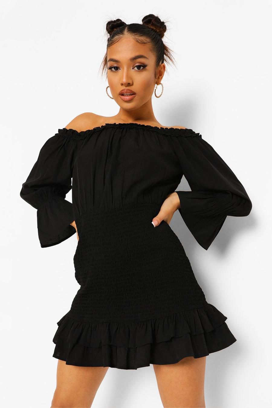 Black Petite Shirred Bardot Ruffle Mini Dress image number 1