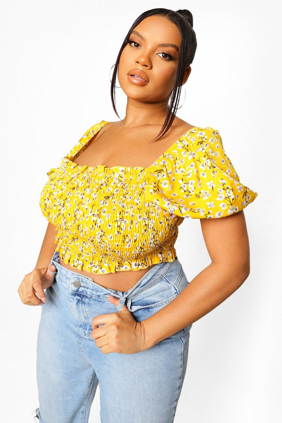 Yellow Plus Ditsy Floral Shirred Puff Sleeve Top image number 1