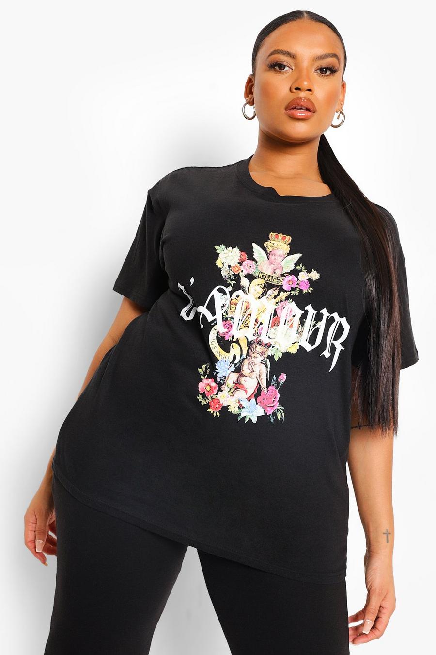 T-shirt con stampa floreale con cherubino e scritta L'amour, Nero image number 1