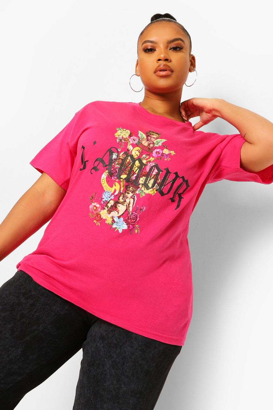 Plus T-Shirt mit floralem L'Amour Print, Rosa image number 1