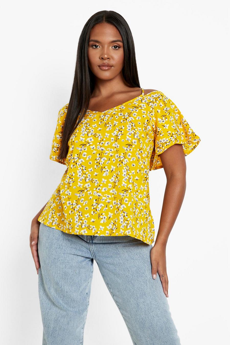 Yellow Plus Cold Shoulder Ditsy Floral Blouse image number 1