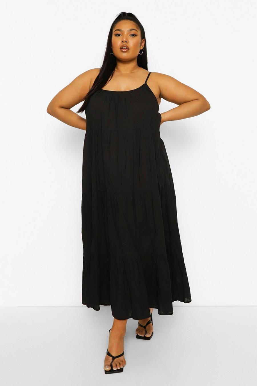 שחור שמלת מקסי מדורגת מכותנה למידות גדולות image number 1