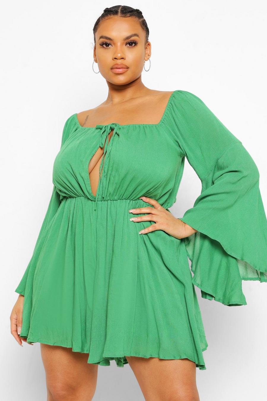 Green Plus Cheesecloth Tie Front Playsuit image number 1