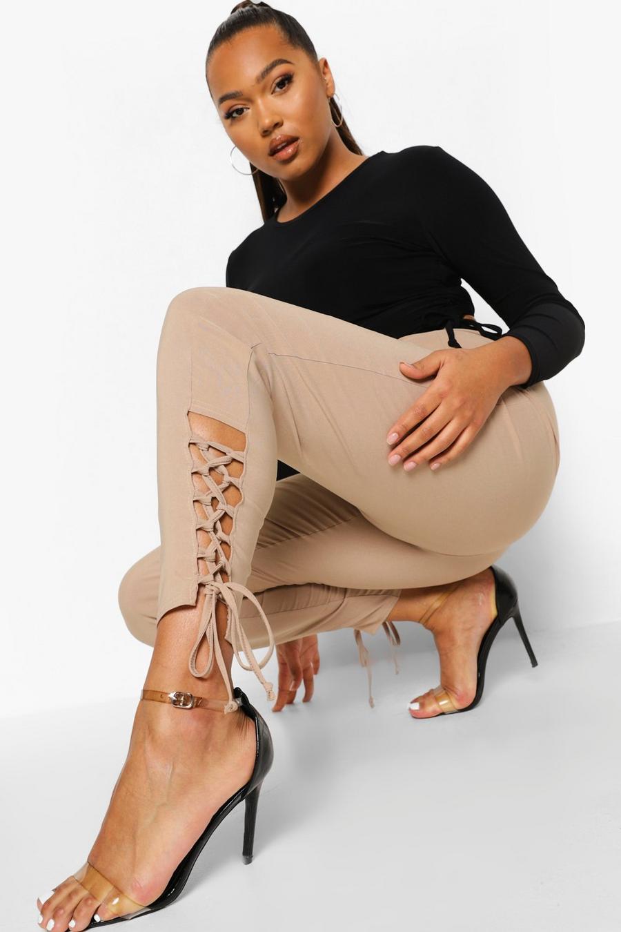 Stone beige Plus Stretch Lace Up Hem Skinny Trousers image number 1