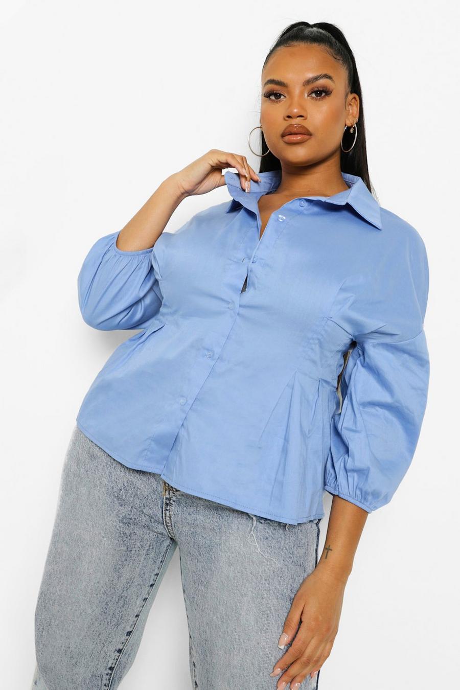 Dusty blue Plus - Poplinskjorta med korsettliv och volangkant image number 1