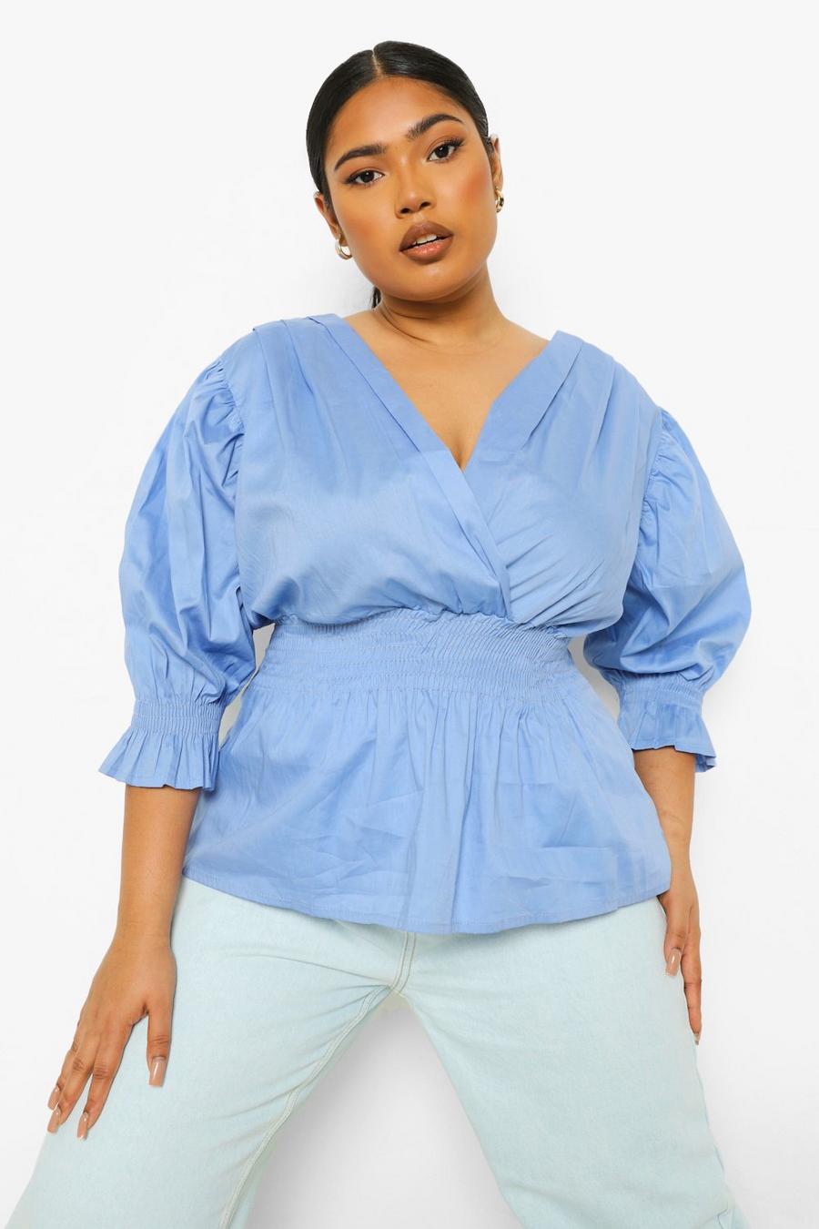 Baby blue Plus Wrap Front Puff Sleeve Peplum Blouse image number 1