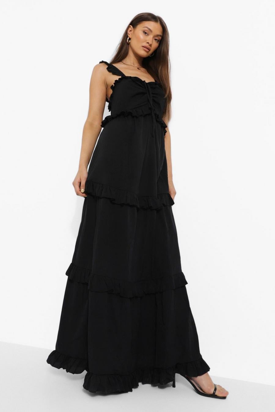 Black Petite Ruched Front Ruffle Detail Maxi Dress image number 1