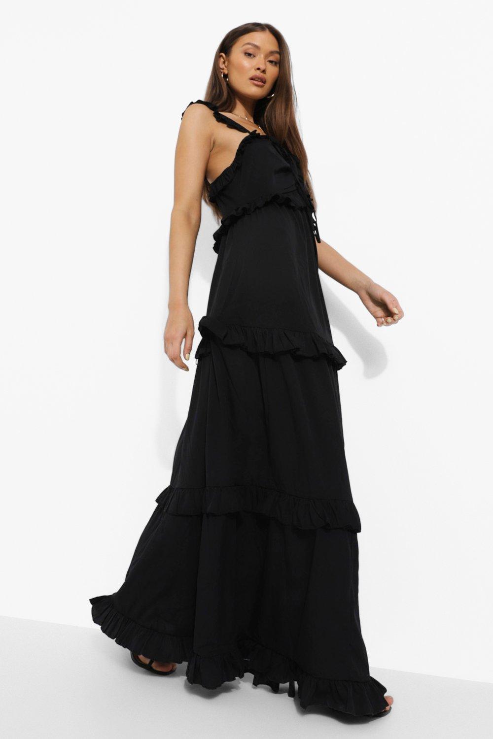 Plunge layered ruffles detail ruched clearance maxi dress