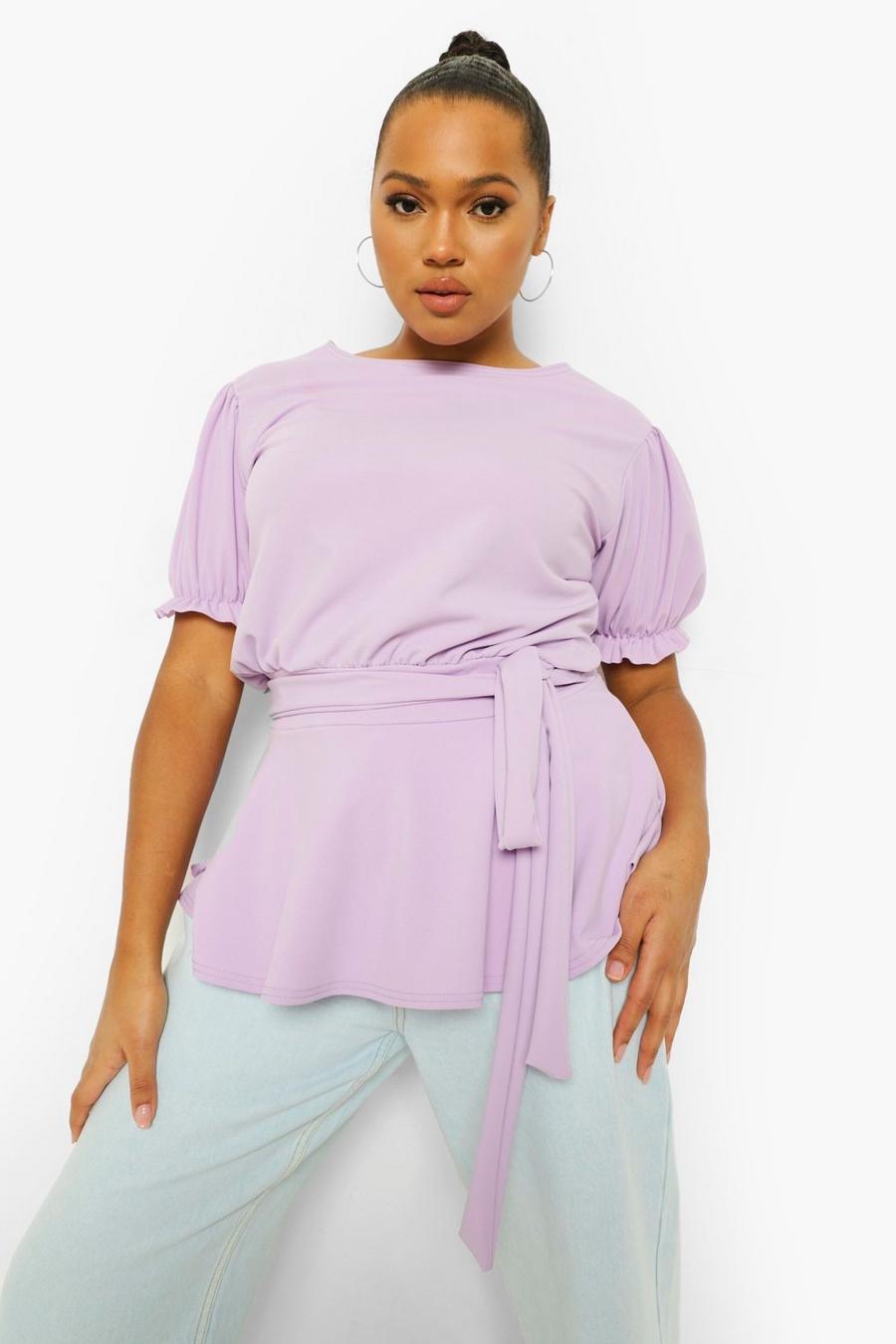 Lilac Plus Puff Sleeve Belted Peplum Top image number 1