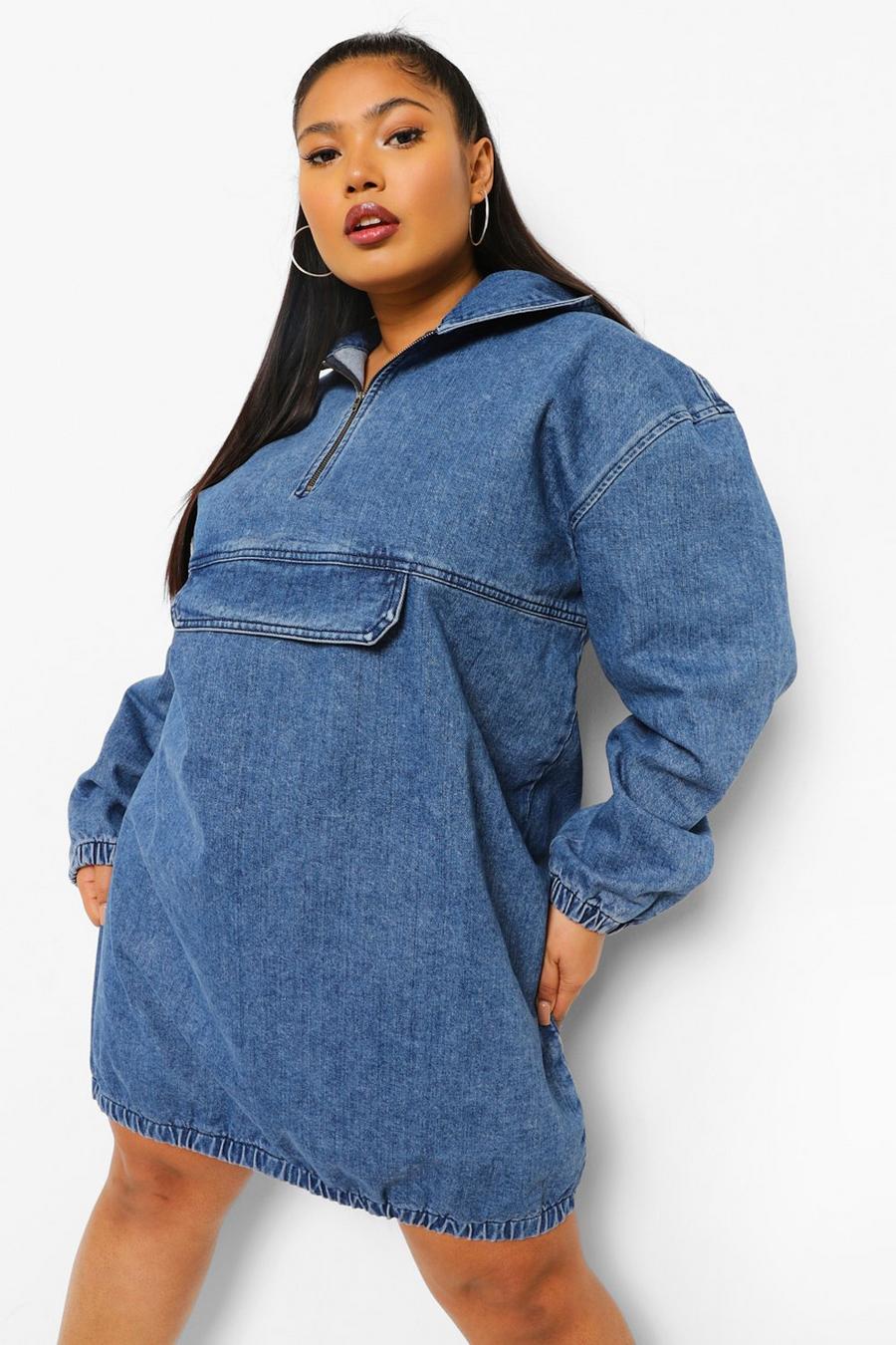 Mid blue Plus Hooded Denim Pocket Dress image number 1