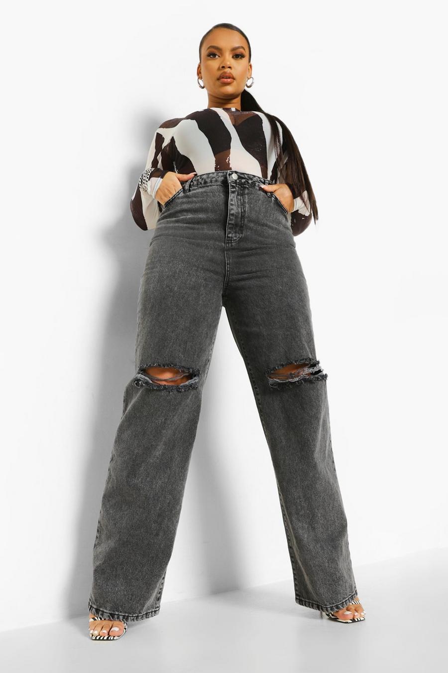 שחור ג'ינס מקופל בגזרת בויפרנד עם קרעים בברכיים למידות גדולות image number 1