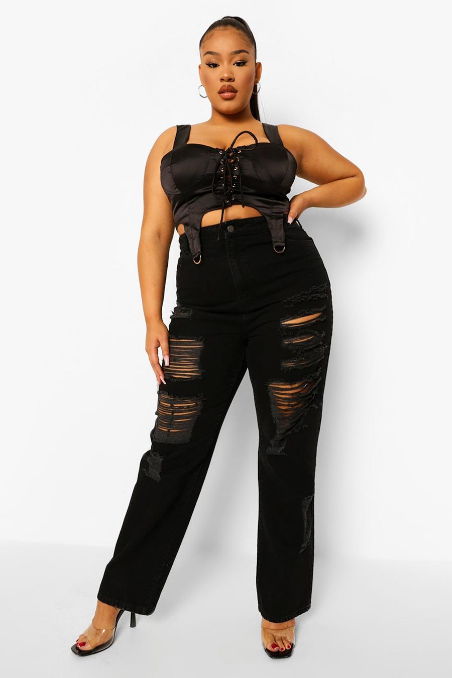 Black Plus High Waist Busted Boyfriend Jeans image number 1