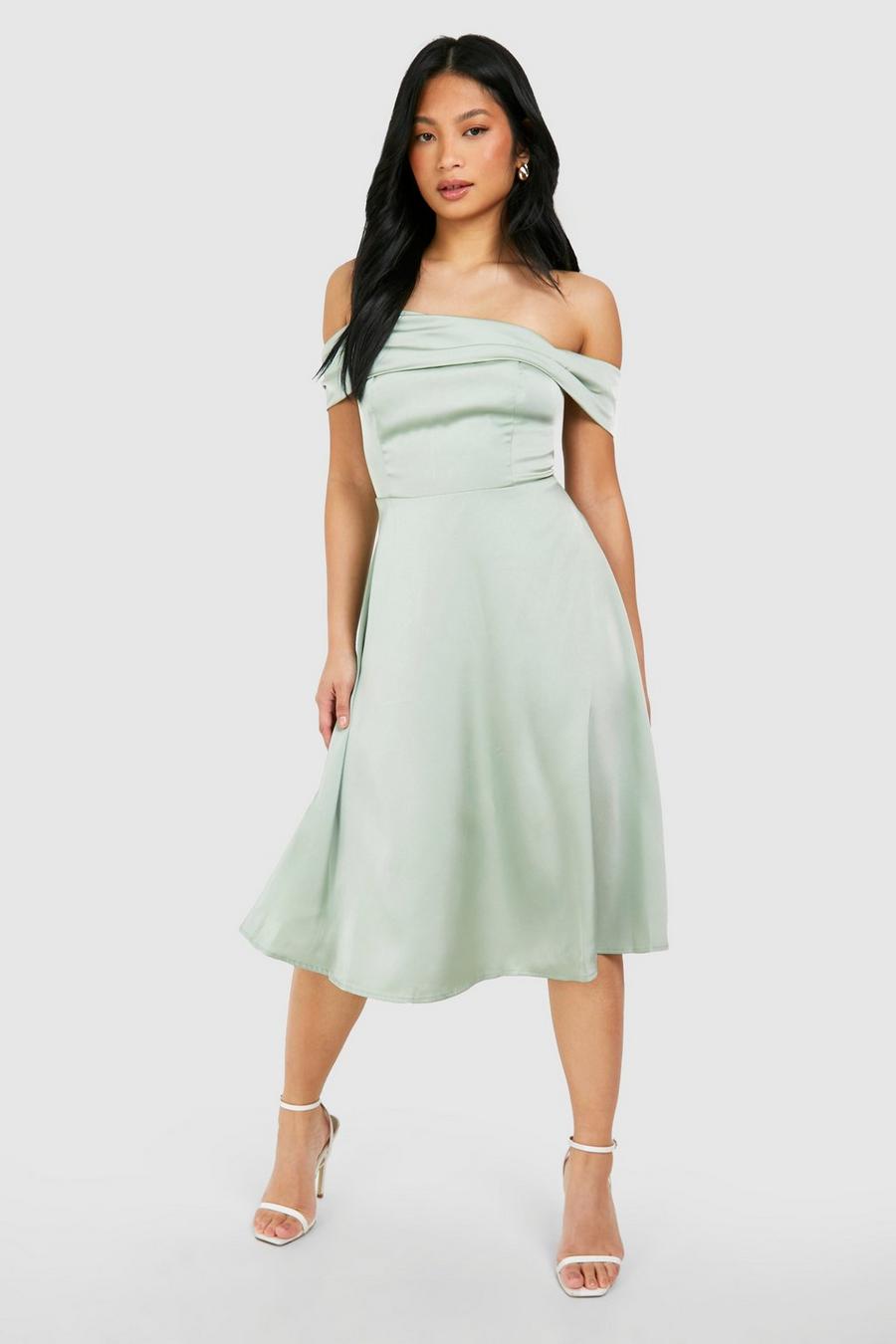 Sage grön Petite Drape Detail Bardot Midi Dress