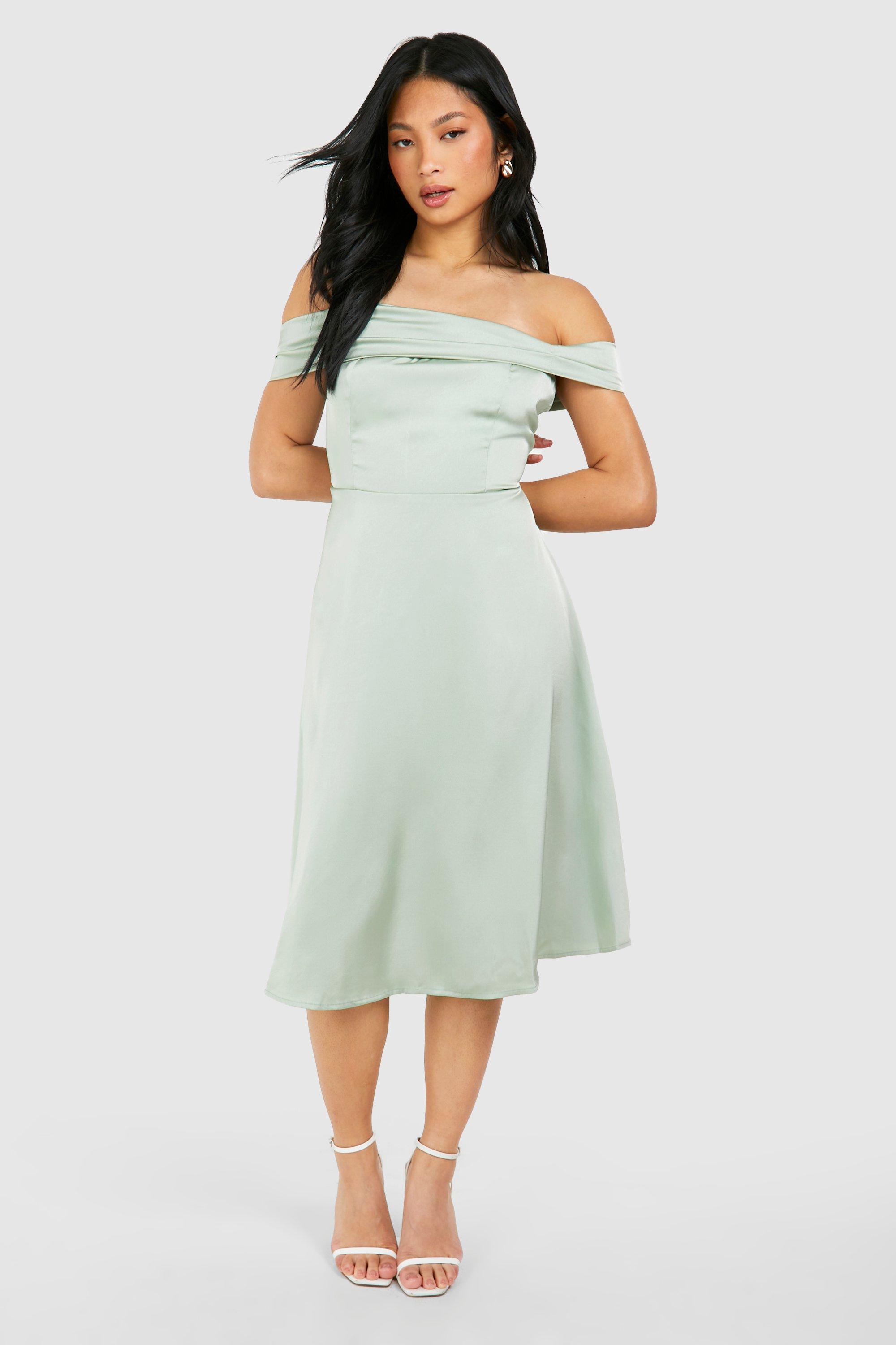 Sage Green Floral Satin Draped Bardot Midi Dress