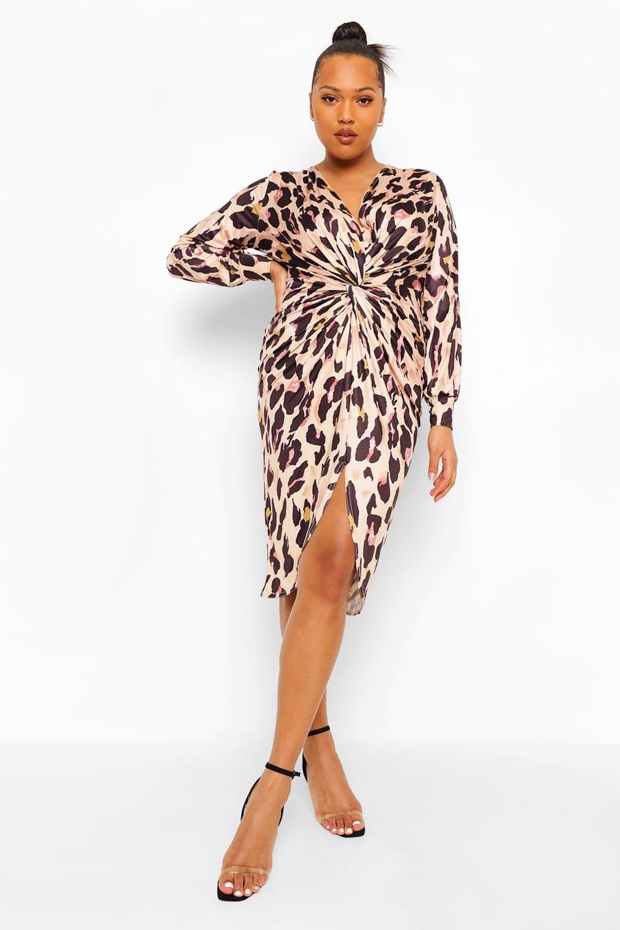 Womens Plus Leopard Twist Front Midi Dress Boohoo Uk