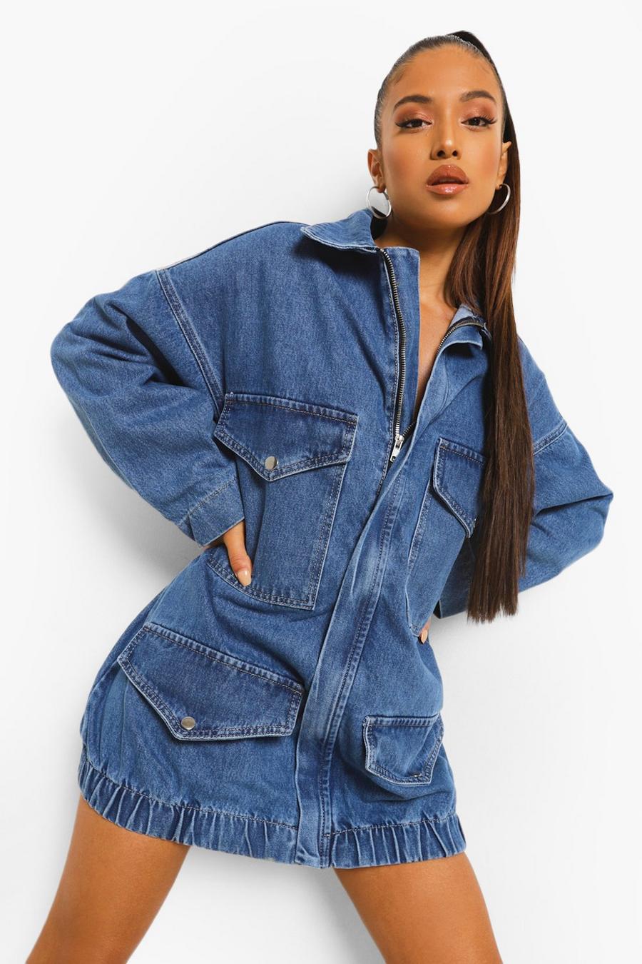 Mid blue Petite Zip Up Denim Sweatshirt Dress image number 1