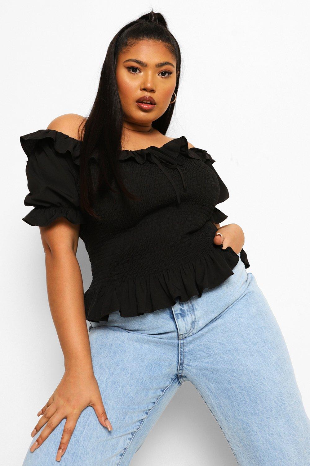 Off the shoulder shirred peplum blouse new arrivals