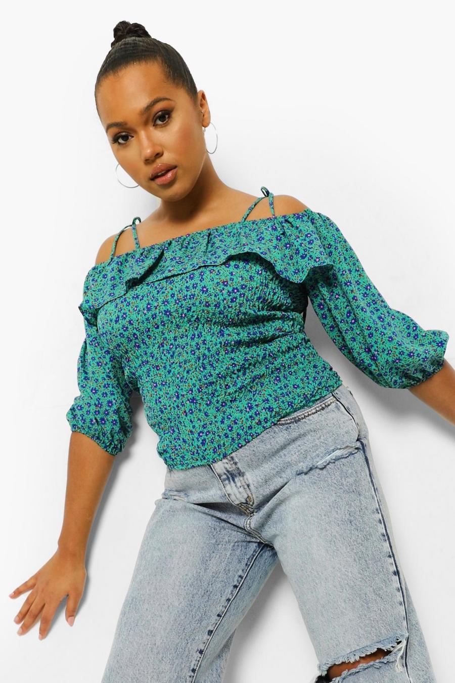 Turquoise Plus Floral Cold Shoulder Ruffle Top image number 1