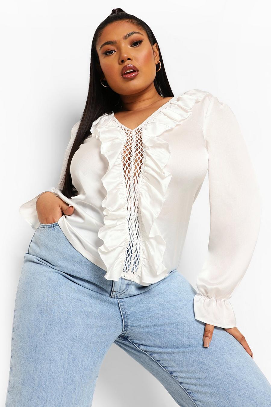 White Plus Satin Crochet Detail Blouse image number 1