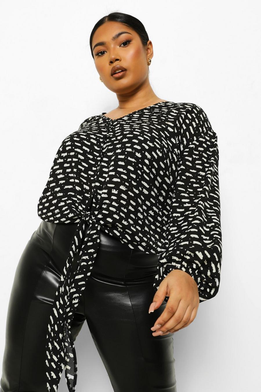Black Plus Abstract Print Tie Front Blouse image number 1